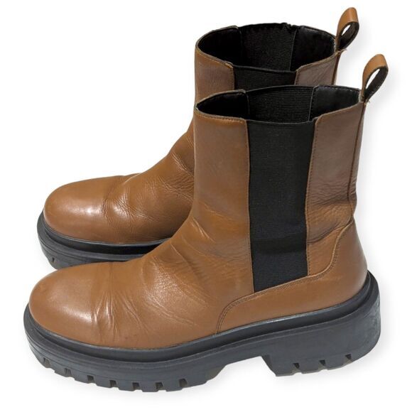 Zara Chunky Lug Sole Ankle Boots Women's 40 / 9 Brown Leather Chelsea Grunge - Picture 1 of 7